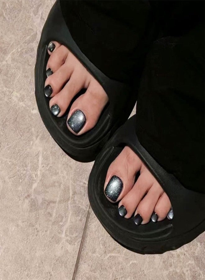KQueenest Cat Eye Black Toe Press on Nails Short Square, Glitter Black Fake Toe Nails Press on, Soft Gel Glue on Toe nails for Women Summer, Gothic Sparkly Reusable Toe Acrylic Nails 24 Pcs - Image 2